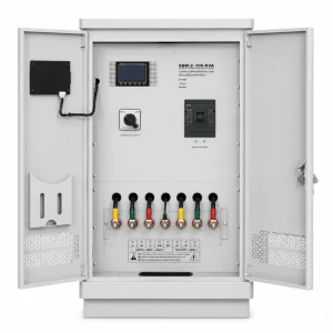100KVA three phase voltage regulator AVR with built-in isolation transformer control panel and copper busbar terminal block detail supporting 110V 120V 208V 220V 230V 240V 380V 400V 415V 440V 480V AC industrial power systems manufactured by Voltnex Power China factory