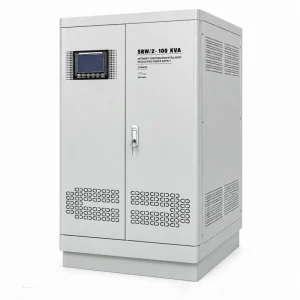 100KVA SBWZ series three phase industrial power conditioner with built-in isolation transformer automatic voltage regulator supporting 110V 120V 208V 220V 230V 240V 380V 400V 415V 440V 480V AC systems for heavy duty industrial equipment manufactured by Voltnex Power China exporter