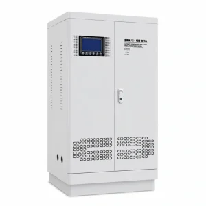 120KVA three phase smart AVR voltage stabilizer with built-in isolation transformer touch screen control cabinet supporting 110V 120V 208V 220V 230V 240V 380V 400V 415V 440V 480V AC industrial power systems for factory automation and heavy duty equipment by Voltnex Power
