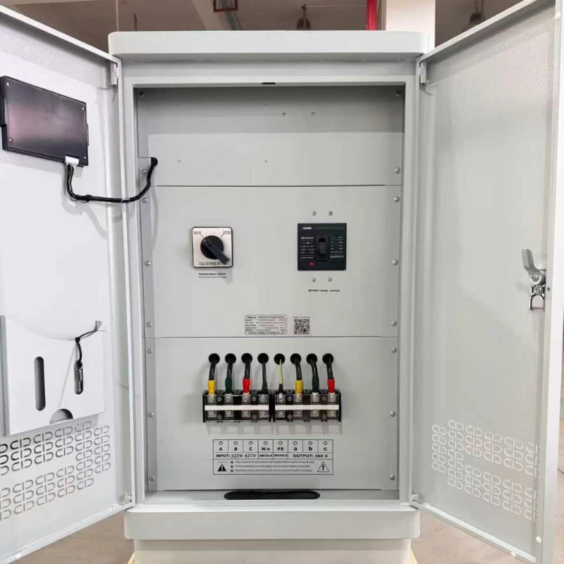 120KVA three phase industrial voltage stabilizer with built-in isolation transformer featuring heavy duty copper busbar terminal connection for 110V 120V 208V 220V 230V 240V 380V 400V 415V 440V 480V AC industrial power systems manufactured by Voltnex Power
