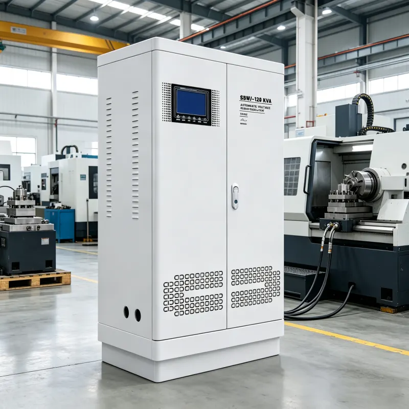 120KVA three phase industrial automatic voltage regulator AVR with integrated isolation transformer for CNC machine power supply supporting 110V 120V 208V 220V 230V 240V 380V 400V 415V 440V 480V AC factory automation applications by Voltnex Power