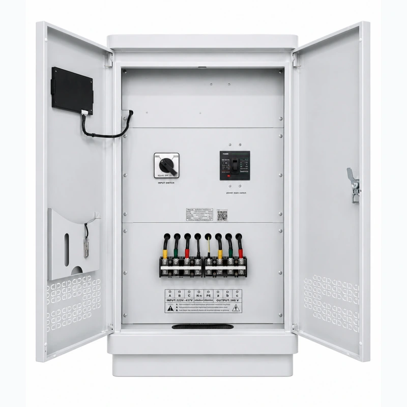 120KVA three phase automatic AC voltage stabilizer with isolation transformer internal wiring terminal block detail showing electrical connection structure for 110V 120V 208V 220V 230V 240V 380V 400V 415V 440V 480V industrial power systems by Voltnex Power