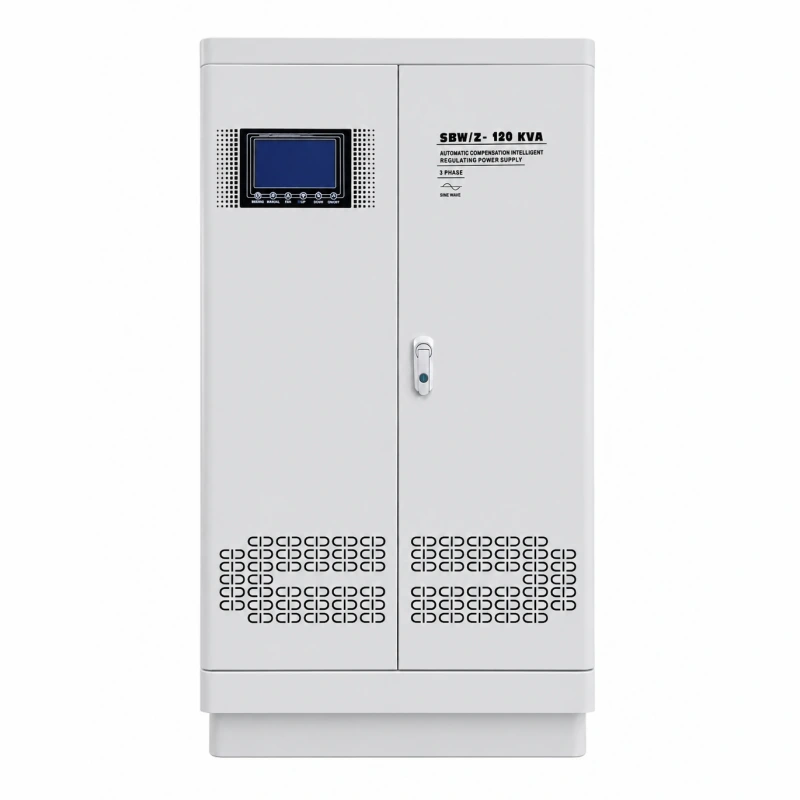 120KVA three phase automatic voltage regulator AVR with built-in isolation transformer featuring smart touch screen control cabinet for 110V 120V 208V 220V 230V 240V 380V 400V 415V 440V 480V industrial power systems by Voltnex Power
