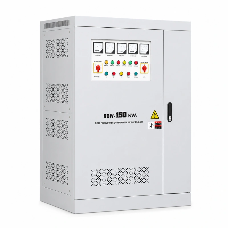 150KVA three phase industrial line voltage regulator with built-in isolation transformer SBWZ series compensation power conditioner supporting 110V 208V 220V 380V 400V 415V 440V 480V AC for factory power systems by Voltnex Power