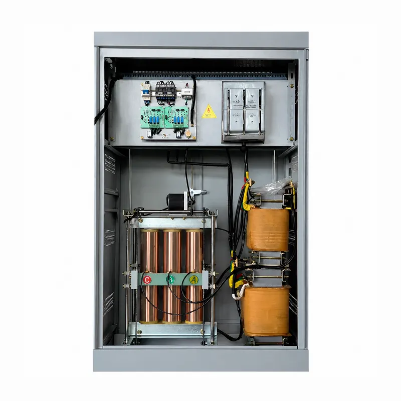 150KVA automatic AC voltage stabilizer with column type pure copper transformer coil and built-in isolation transformer internal components for 110V 208V 220V 380V 400V 415V 440V 480V industrial power regulation system by Voltnex Power