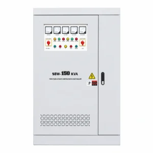 150KVA three phase automatic voltage regulator AVR with built-in isolation transformer and analog meter panel supporting 110V 208V 220V 380V 400V 415V 440V 480V AC for industrial power stabilization and factory applications by Voltnex Power