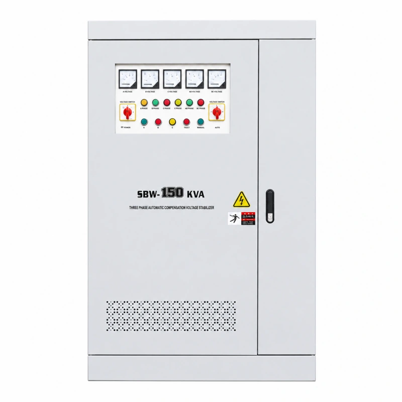 150KVA three phase automatic voltage regulator AVR with built-in isolation transformer and analog meter panel supporting 110V 208V 220V 380V 400V 415V 440V 480V AC for industrial power stabilization and factory applications by Voltnex Power