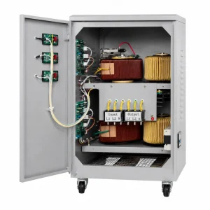 20KVA three phase Automatic Voltage Regulator AVR servo motor type with pure copper coil winding internal structure for heavy duty industrial power conditioner manufactured by Voltnex Power China factory