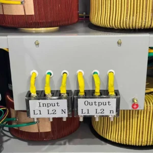 20KVA three phase automatic voltage regulator AVR wiring terminal block input output connection with pure copper transformer winding internal components manufactured by Voltnex Power