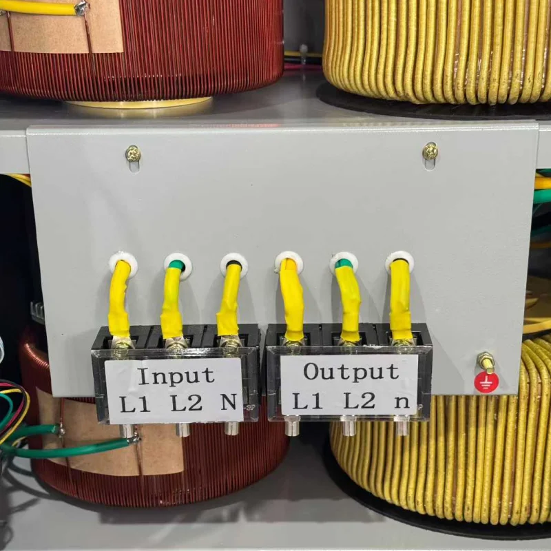 20KVA three phase automatic voltage regulator AVR wiring terminal block input output connection with pure copper transformer winding internal components manufactured by Voltnex Power