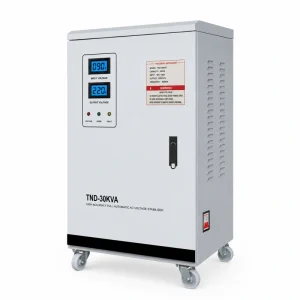 30KVA three phase AC power voltage stabilizer automatic voltage regulator AVR servo motor control type for heavy duty industrial power supply with 110V 120V 208V 220V 230V 240V 380V 400V 415V 440V 480V 575V 600V options manufactured by Voltnex Power China factory