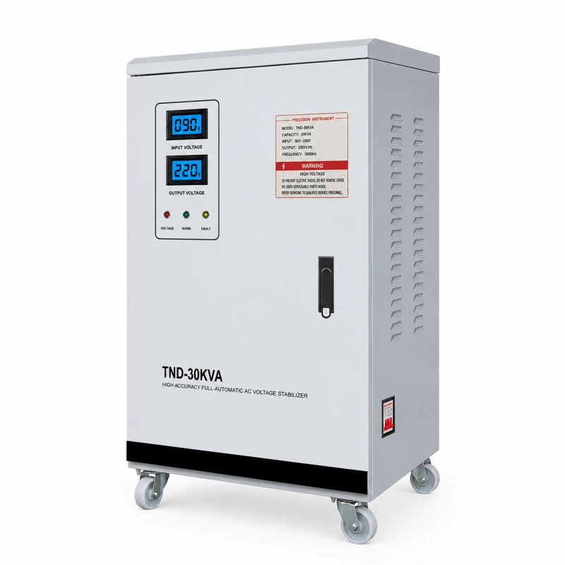 30KVA three phase AC power voltage stabilizer automatic voltage regulator AVR servo motor control type for heavy duty industrial power supply with 110V 120V 208V 220V 230V 240V 380V 400V 415V 440V 480V 575V 600V options manufactured by Voltnex Power China factory