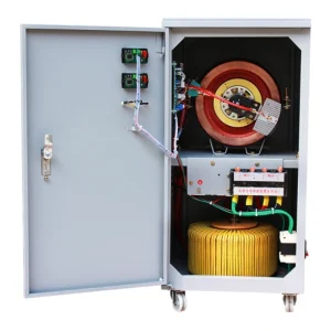 30KVA automatic voltage regulator AVR servo motor type with pure copper coil winding internal structure heavy duty power conditioner for industrial power supply supporting 110V 120V 208V 220V 230V 240V 380V 400V 415V 440V 480V 575V 600V systems manufactured by Voltnex Power