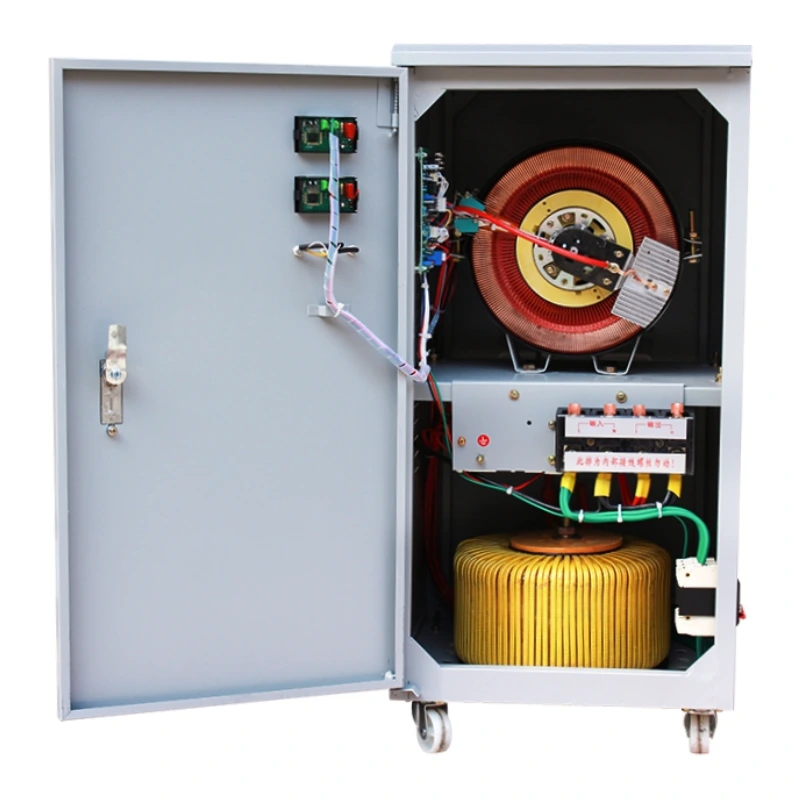 30KVA automatic voltage regulator AVR servo motor type with pure copper coil winding internal structure heavy duty power conditioner for industrial power supply supporting 110V 120V 208V 220V 230V 240V 380V 400V 415V 440V 480V 575V 600V systems manufactured by Voltnex Power