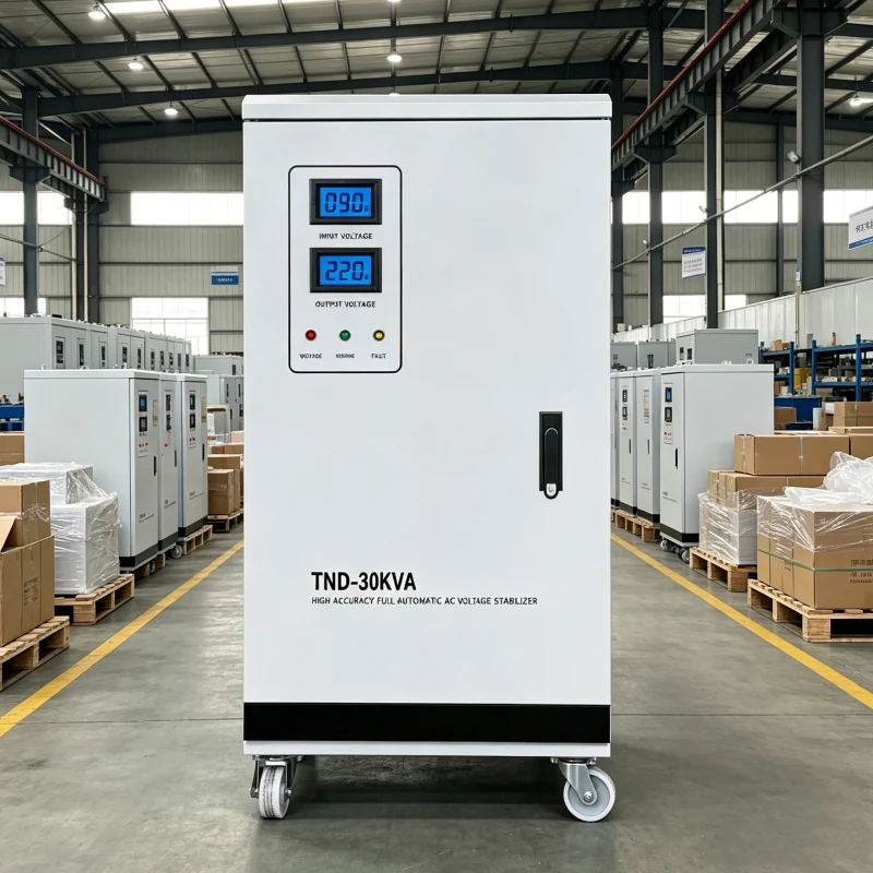 30KVA TNS series high precision automatic AC voltage stabilizer AVR three phase servo motor voltage regulator for industrial power conditioner equipment with 208V 220V 380V 400V 415V 440V 480V options manufactured by Voltnex Power China exporter
