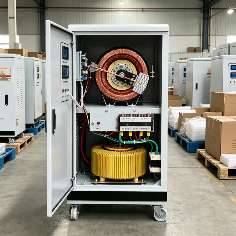 30KVA industrial three phase automatic voltage regulator AVR servo control type with pure copper transformer winding for heavy duty power supply supporting 208V 220V 380V 400V 415V 440V 480V AC systems manufactured by Voltnex Power China factory wholesale supplier