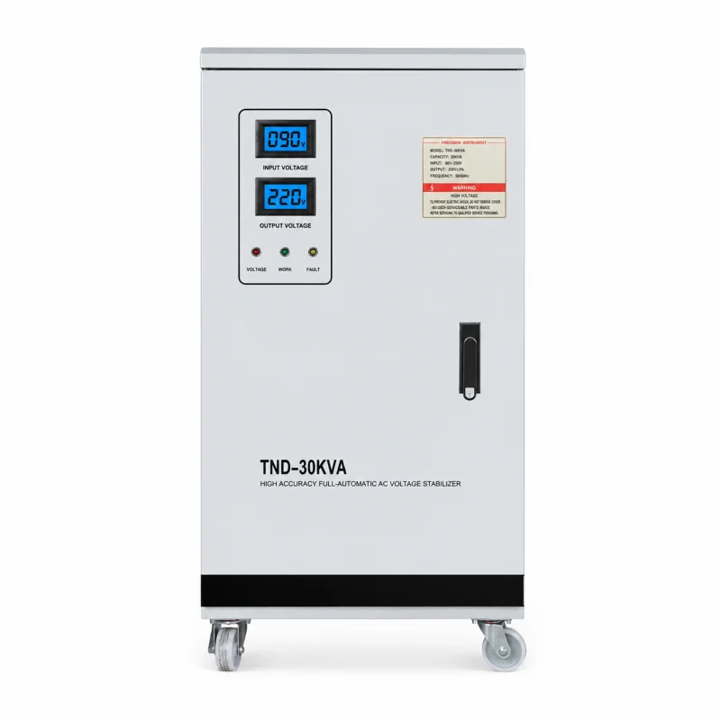 30KVA TNS series three phase automatic AC voltage regulator AVR high precision power stabilizer for industrial equipment with 110V 120V 208V 220V 230V 240V 380V 400V 415V 440V 480V 575V 600V voltage options manufactured by Voltnex Power China factory wholesale exporter