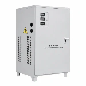 40KVA TNS series three phase automatic AC voltage regulator AVR high precision power stabilizer for industrial equipment with 110V 120V 208V 220V 230V 240V 380V 400V 415V 440V 480V AC voltage options manufactured by Voltnex Power China factory wholesale supplier