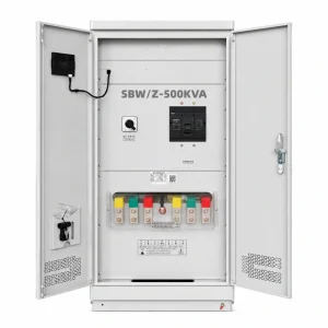 500KVA automatic AC voltage stabilizer with built-in isolation transformer featuring color coded copper busbar terminal connection, supporting 110V 208V 220V 380V 400V 415V 440V 480V AC for industrial power regulation and heavy duty electrical systems by Voltnex Power