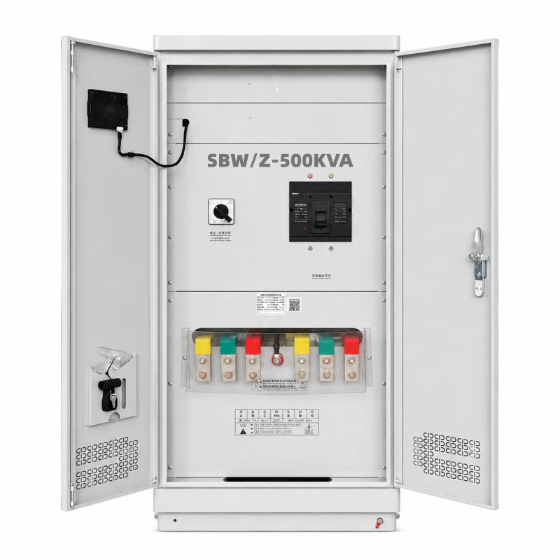 500KVA automatic AC voltage stabilizer with built-in isolation transformer featuring color coded copper busbar terminal connection, supporting 110V 208V 220V 380V 400V 415V 440V 480V AC for industrial power regulation and heavy duty electrical systems by Voltnex Power