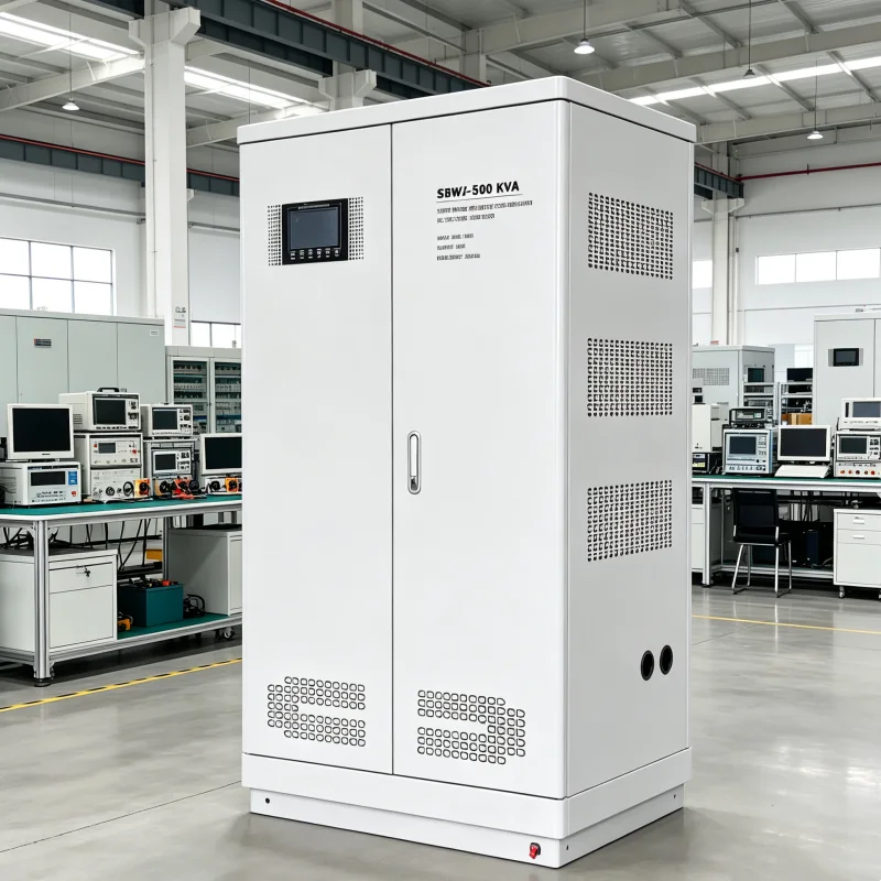 500KVA industrial grade automatic AC voltage stabilizer with SBWZ series isolation transformer supporting 110V 208V 220V 380V 400V 415V 440V 480V AC for manufacturing equipment power supply and industrial voltage regulation by Voltnex Power