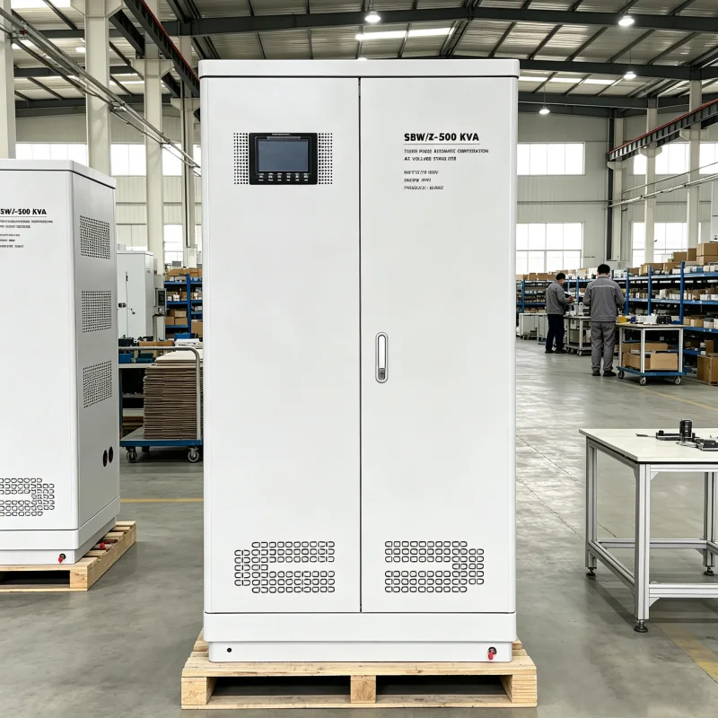 500KVA three phase automatic AC voltage regulator with integrated isolation transformer supporting 110V 208V 220V 380V 400V 415V 440V 480V AC for heavy industry power conditioning and industrial voltage regulation solutions by Voltnex Power