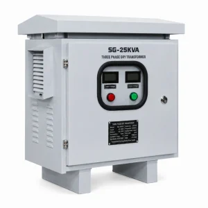 Custom 25kVA industrial isolation transformer, three phase dry type, designed for voltage conversion from 208V/220V to 400V/440V/460V, featuring customizable copper or aluminum windings, manufactured by VoltNex.