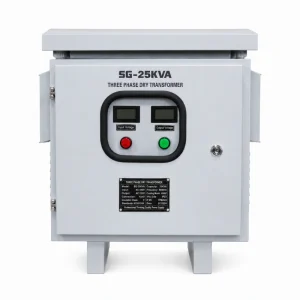 Factory direct SG-Series 25kVA industrial step down transformer, three phase dry type, floor-mounted, featuring custom-wound coils for stepping down voltage from higher sources (like 380V, 400V, or 480V) to multiple output voltages (such as 208V, 220V, or 240V). The unit is housed in a rugged enclosure suitable for NEMA ratings, manufactured by VoltNex.