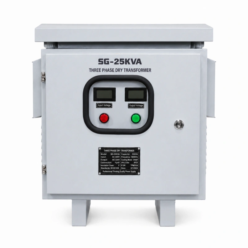 Factory direct SG-Series 25kVA industrial step down transformer, three phase dry type, floor-mounted, featuring custom-wound coils for stepping down voltage from higher sources (like 380V, 400V, or 480V) to multiple output voltages (such as 208V, 220V, or 240V). The unit is housed in a rugged enclosure suitable for NEMA ratings, manufactured by VoltNex.