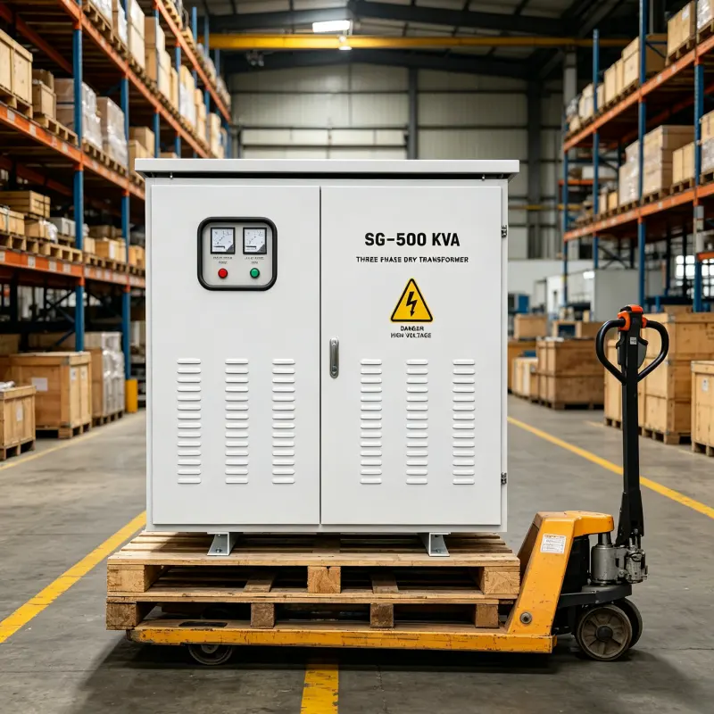 Ready to Ship 500kVA Dry Type Isolation Transformer in Warehouse with Pallet Packing Hand Truck Handling and Sea Freight Export Shipping by Voltnex Power Factory