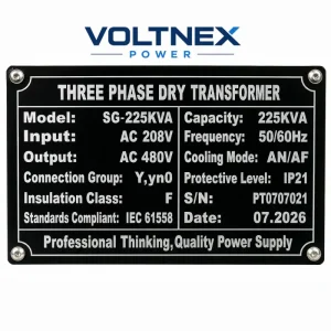 VOLTNEX POWER SG 225kVA Three Phase Dry Type Transformer Nameplate Model Label Showing 225kVA Capacity Input AC 208V Output AC 480V Industrial Electrical Transformer Specification