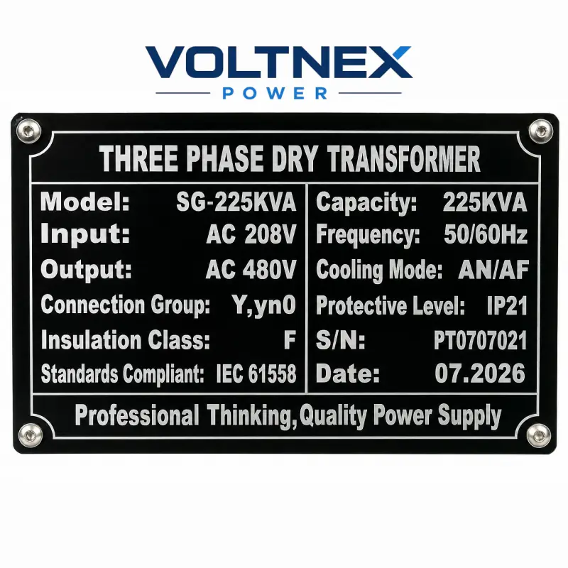 VOLTNEX POWER SG 225kVA Three Phase Dry Type Transformer Nameplate Model Label Showing 225kVA Capacity Input AC 208V Output AC 480V Industrial Electrical Transformer Specification