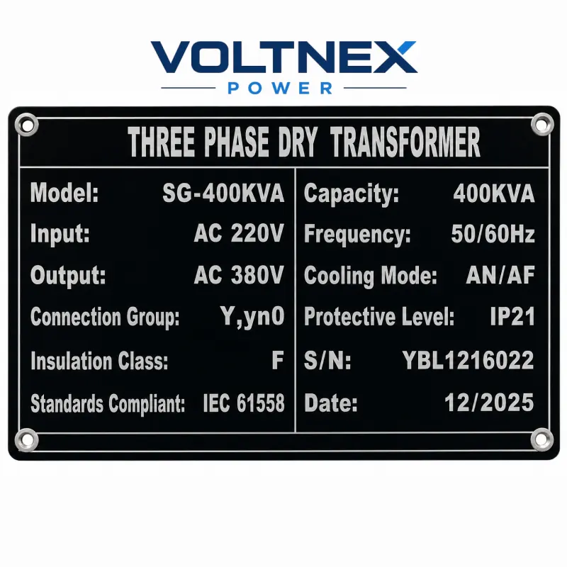 VOLTNEX POWER SG 400kVA Three Phase Dry Type Transformer Nameplate Specification Label Showing 400KVA Capacity Input AC 220V Output AC 380V Industrial Electrical Transformer Voltnex Power