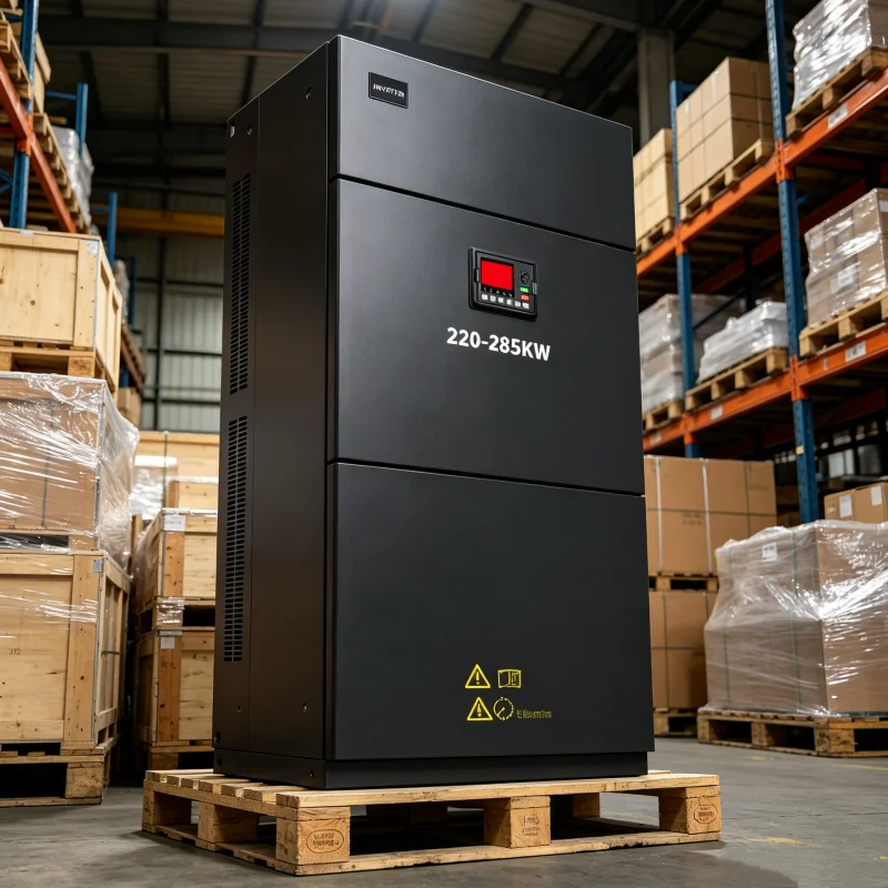 220kW 250kW 285kW (300HP 340HP 380HP) Three Phase Variable Frequency Drive VFD Heavy Duty Inverter Wooden Pallet Packaging 208V 220V 380V 400V 415V 440V 480V Warehouse Logistics Export Voltnex Power