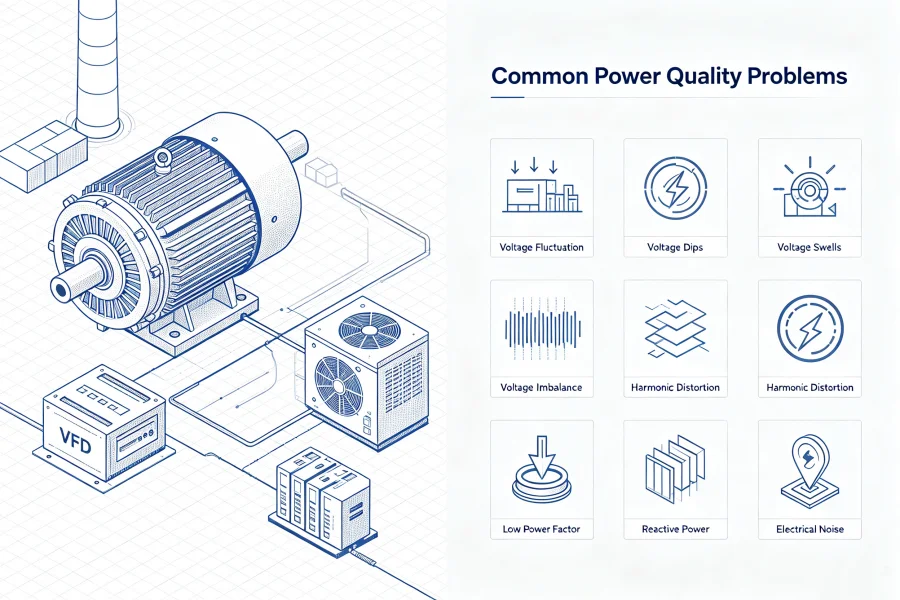 Common Industrial Power Quality Problems in Factory Electrical Systems Including Voltage Fluctuation Voltage Sag Voltage Swell Harmonics Voltage Imbalance Low Power Factor Reactive Power and Electrical Noise