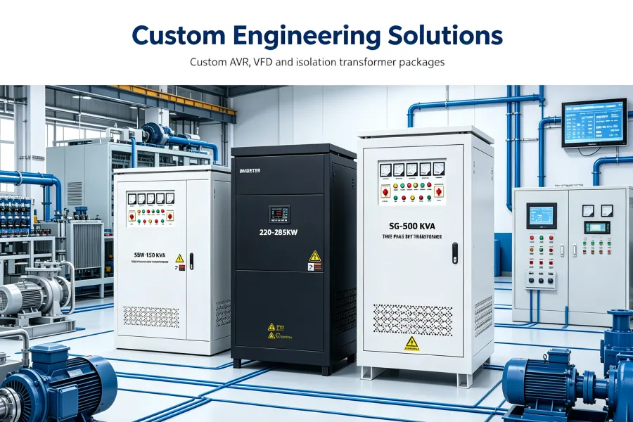 Voltnex Power Custom Engineered AVR VFD and Dry Type Isolation Transformer Package 1kVA-3500kVA Transformer and AVR 0.75kW-1000kW VFD China Manufacturer Factory