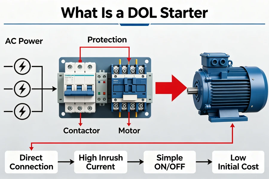 Direct Online DOL Starter Working Principle Diagram for Simple Constant-Speed Three-Phase AC Induction Motor Control System with Contactor, Overload Protection, Motor Starting Circuit, Industrial Manufacturer Factory Supply for USA, Canada, Mexico, Brazil, Germany, South Africa and Australia