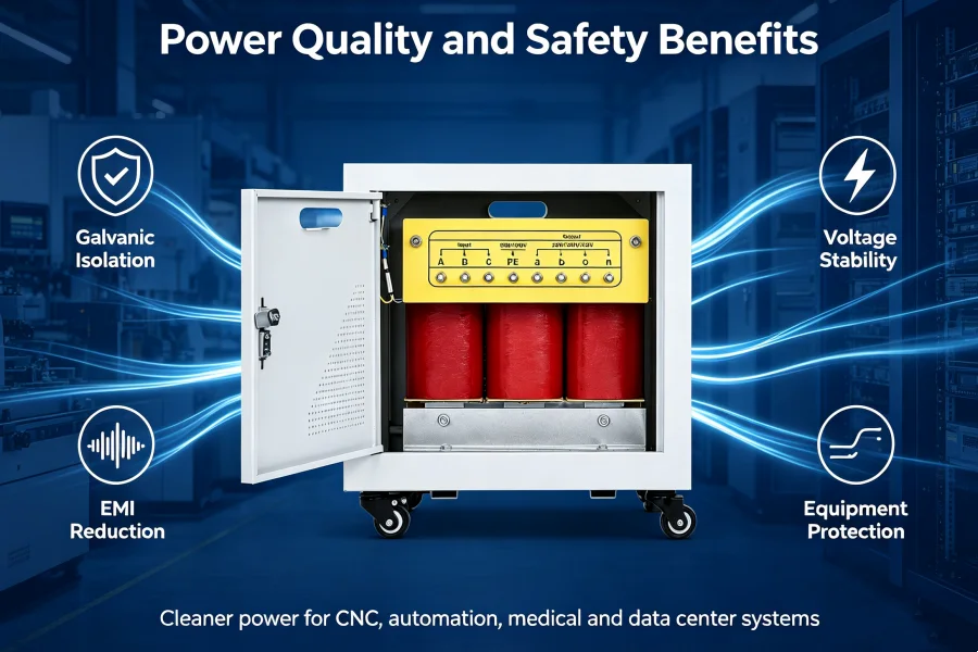 Dry Type Isolation Transformer Power Quality and Safety Benefits Diagram Showing Galvanic Isolation, Voltage Stability Improvement, EMI Noise Reduction and Harmonic Protection for Industrial Applications | Voltnex Power