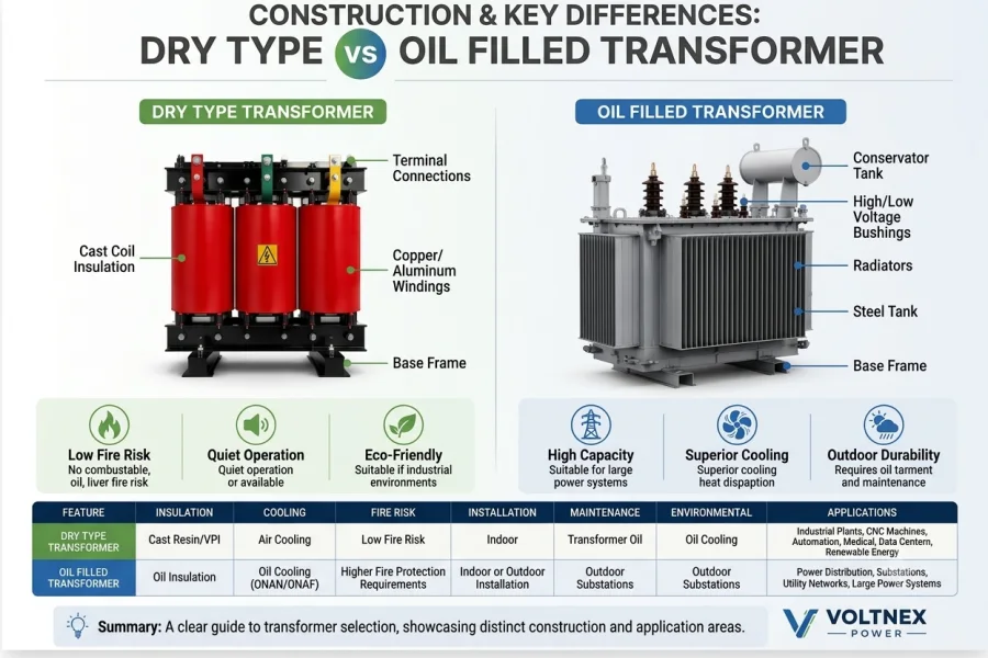 Dry Type vs Oil Filled Transformer Infographic Showing Key Differences in Construction, Silicon Steel Core, Solid Insulation, Cooling Method and Industrial Applications | Voltnex Power Transformer Manufacturer
