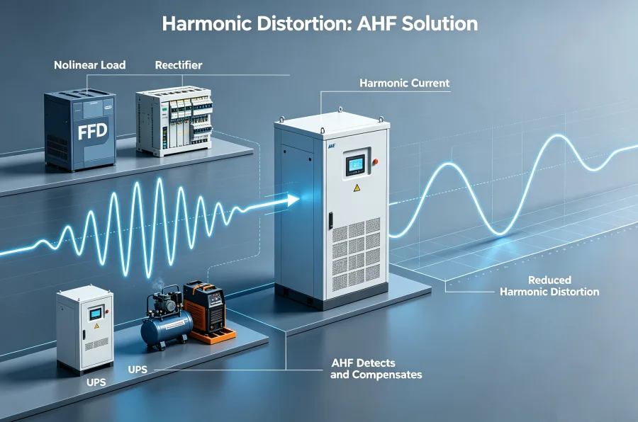 Harmonic Distortion Reduction Solution Using Active Harmonic Filter AHF for Nonlinear Loads VFD Variable Frequency Drives Welding Machines Rectifiers UPS and Industrial Factory Electrical Systems
