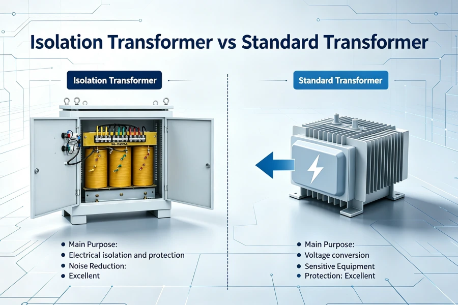 Isolation Transformer Working Principle Diagram Showing Electromagnetic Induction Process, Galvanic Isolation Between Primary and Secondary Windings, Industrial Power Protection Technology | Voltnex Power