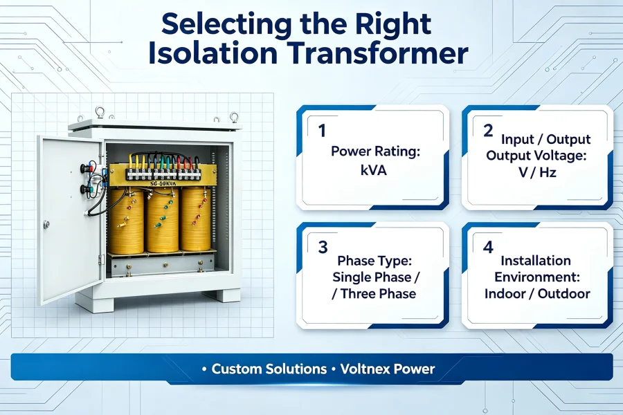 How to Choose a Suitable Dry Type Isolation Transformer Guide Showing kVA Rating, Voltage Selection, Phase Configuration and Installation Environment Requirements | Voltnex Power