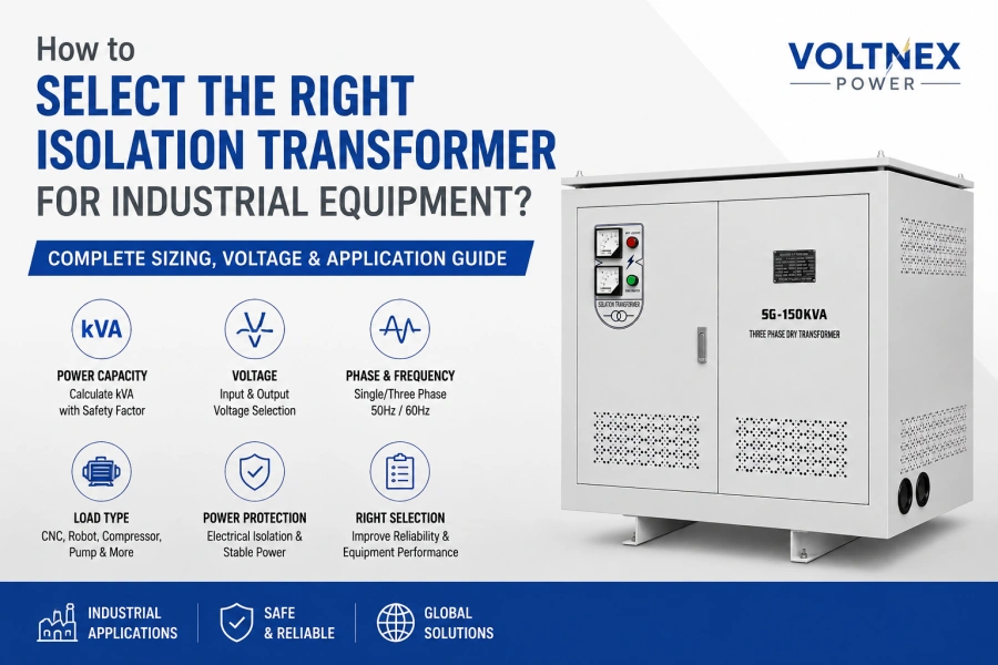 How to Select the Right Isolation Transformer for Industrial Equipment Guide Showing kVA Sizing, Voltage Selection, Phase Configuration, Load Requirements and Application Solutions | Voltnex Power Manufacturer
