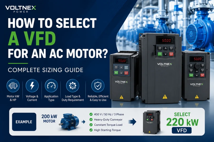 How to Select the Right VFD for an AC Motor complete VFD sizing guide showing 0.75kW-1000kW variable frequency drive selection based on motor power voltage current frequency overload capacity load type and application