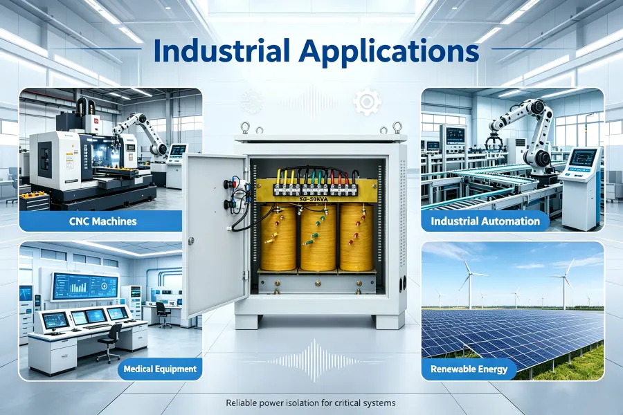 Three Phase Isolation Transformer Industrial Applications Diagram for CNC Machines, Medical Equipment, Data Centers and Solar Energy Systems | Voltnex Power Transformer Manufacturer