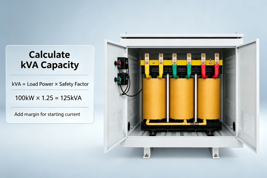 Industrial Isolation Transformer kVA Power Capacity Sizing Guide Showing Different Load Types Including Motors, CNC Machines, Compressors, Pumps and Automation Equipment | Voltnex Power