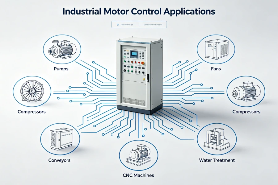 Industrial Motor Control Selection Decision Guide Showing When to Use DOL Starter, Soft Starter or VFD for Pumps, Fans, Conveyors and Crushers, 0.75kW to 1000kW AC Motor Control Solutions from China Factory Manufacturer