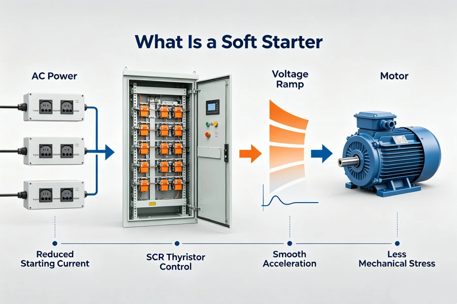 Industrial Soft Starter Working Principle Diagram Showing Controlled AC Motor Starting, Reduced Starting Current and Mechanical Shock for Heavy-Duty Three-Phase Motor Applications, China Factory Manufacturer