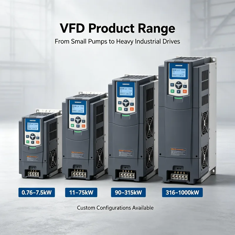 Industrial VFD Inverter Product Range from 0.75kW to 1000kW, Standard and Heavy-Duty Three-Phase AC Motor Speed Controllers for Industrial Applications