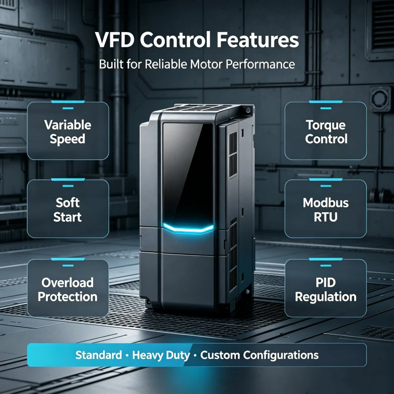 Industrial VFD Main Control Features Including Variable Speed Control, Torque Control, Soft Start, PID Control, Overload Protection and Modbus RTU Communication